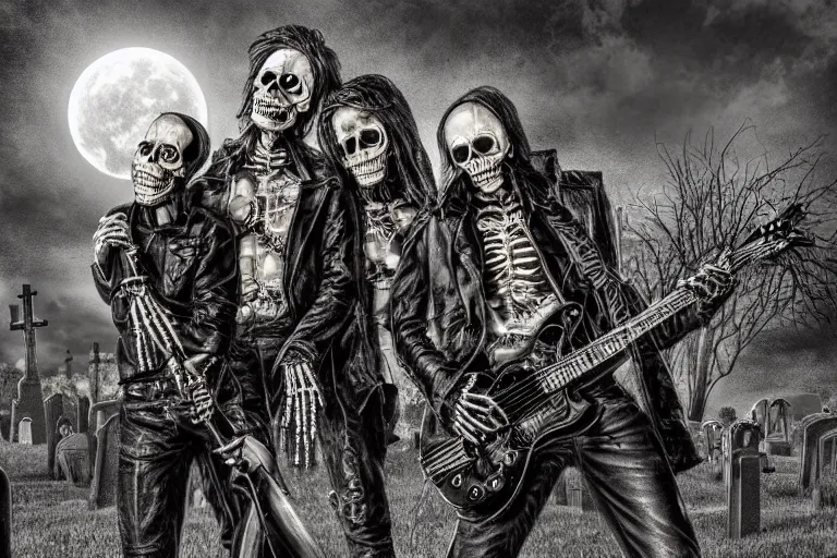 Prompt: skeletons in leather jackets with electric guitars in the hands in a cemetery, evil faces, microphones, dark night, full moon, the oak tree, highly detailed digital art, photorealistic