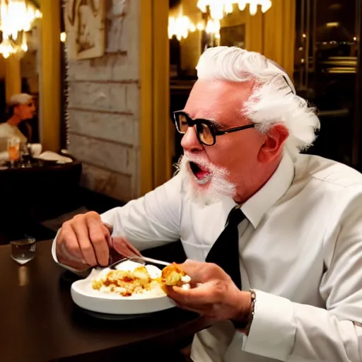 Image similar to colonel sanders eating in a michelin star french restaurant