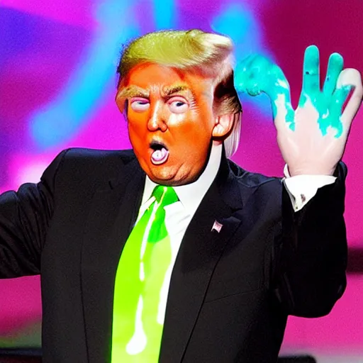 Prompt: trump getting slimed at the kids choice award, 2 0 0 8, crt television