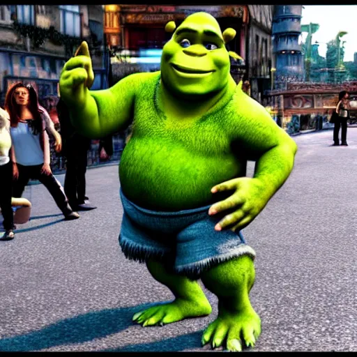 Image similar to realistic shrek dancing on the street in real life w 1 0 2 4