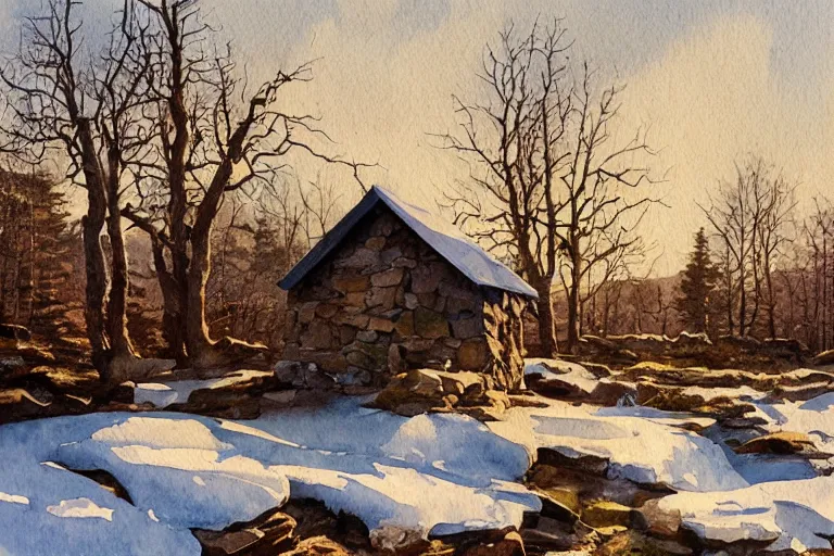 Prompt: watercolor painting of cabin at rocky hill, reflective, stone walls, winter, sunlight, morning, ambient lighting, art by hans gude, art by hans dahl