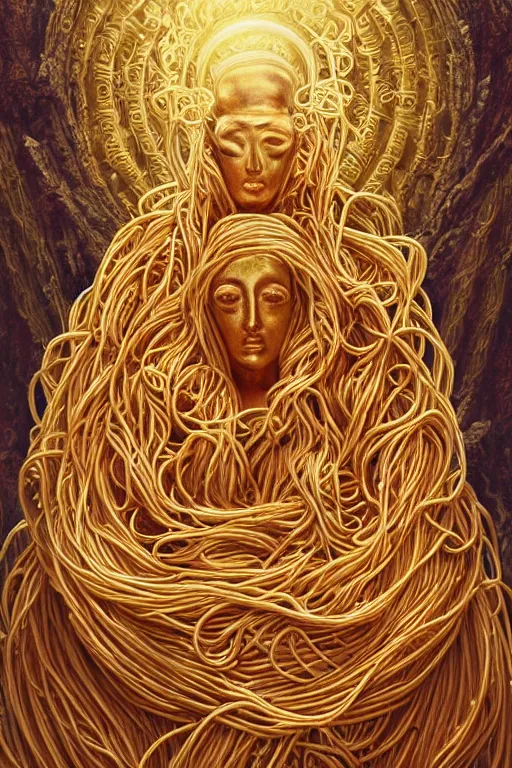 Image similar to ancient spaghetti god, holy regal spaghetti creature, shining white light, luxurious throne, mystical being with a face of spaghetti, intricate statue, gold, spaghetti face, detailed realistic painting, 4 k