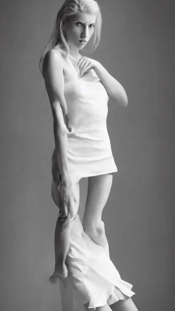 Prompt: detailed beautiful studio photo of emily skinner, looking like annie leonhart, very beautiful slim legs, wearing heels and white short dress, in a white room, pale skin, bokeh, very very very very beautiful!!, hard focus, sexy dominant pose, full body shot, 9 0 mm, f / 1. 2 5, cover. photo : david roemer