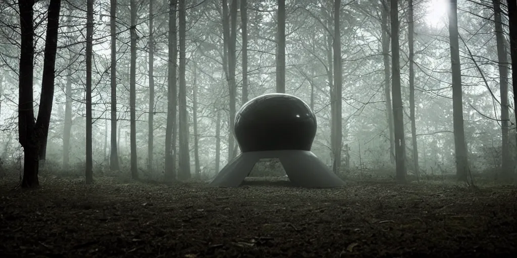 Prompt: an alien craft landed in the woods, shiny and metallic, night time, volumetric fog, wide shot, cinematic lighting, horror movie