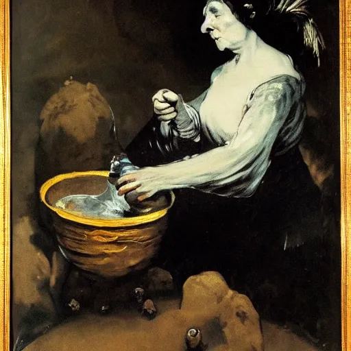 Prompt: An old wrinkled witch dressed in black making potions in her cauldron under the moon light. Oil painting by Francisco de Goya.