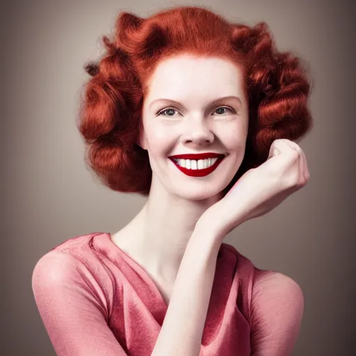 Prompt: tall, lithe woman, soft red hair, fair skin, normal rockwell, 1 9 4 0's, liberty curls, flushed cheeks, pink lips, beautiful smile, full body portrait, posing