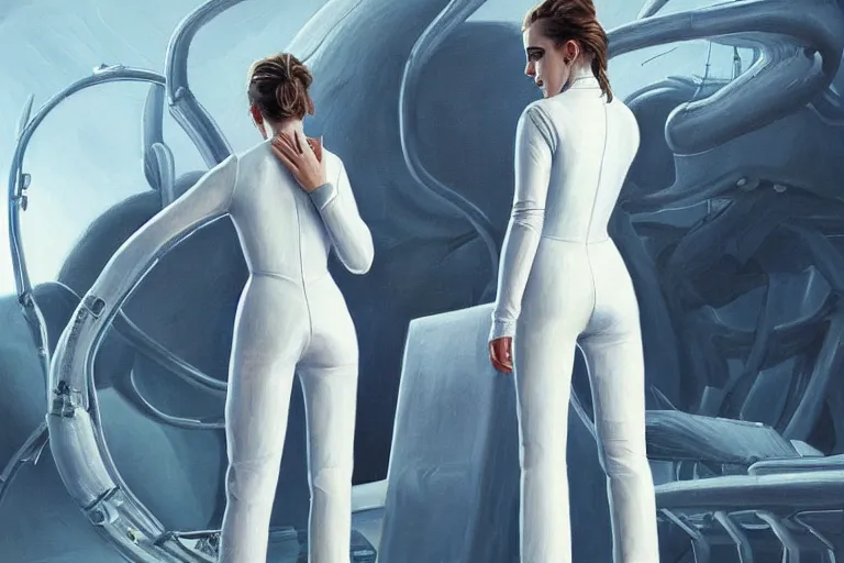 Prompt: beautiful painting of Emma Watson wearing a white leather jumpsuit in a futuristic house in the style of Simon Stålenhag and H. R. Giger, detailed, trending on Artstation