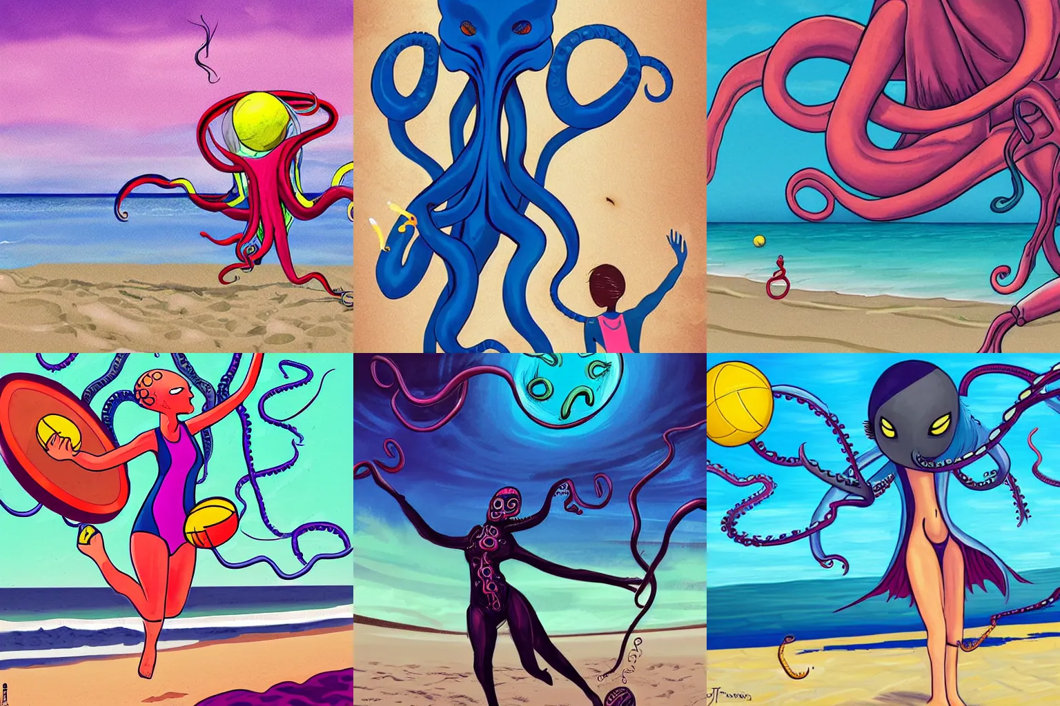 Prompt: a female mind flayer using her tentacles to play beach volleyball, art by Tyler Jacobson