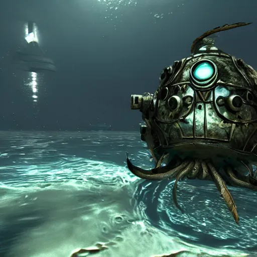 Prompt: rapture bioshock, city at sea floor, water, submerged, seaweed, fish, realistic, detailed, underwater, dark