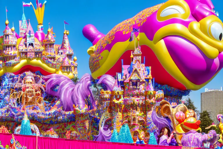 Image similar to photo of giant beautiful elaborate parade float castle designed by lisa frank and geof darrow, in the macys parade, detailed 4 k photo, gigapixel, hyperdetailed