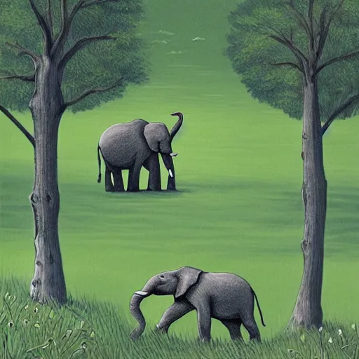 Prompt: an elephant on a green meadow ilustration art by Groening Matt