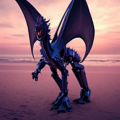 Image similar to epic close up shot, realistic detailed stunning beautiful anthropomorphic robot mechanical female dragon, doing an elegant pose with hand on hip, looking to the side, sleek streamlined armor and design, sharp claws, sleek well designed head with LED eyes, standing on two legs, wearing a hooded cloak that blows in the wind from behind her, on the beach during sunset, high quality, cinematic art, sunset lighting, artstation, deviantart, furaffinity