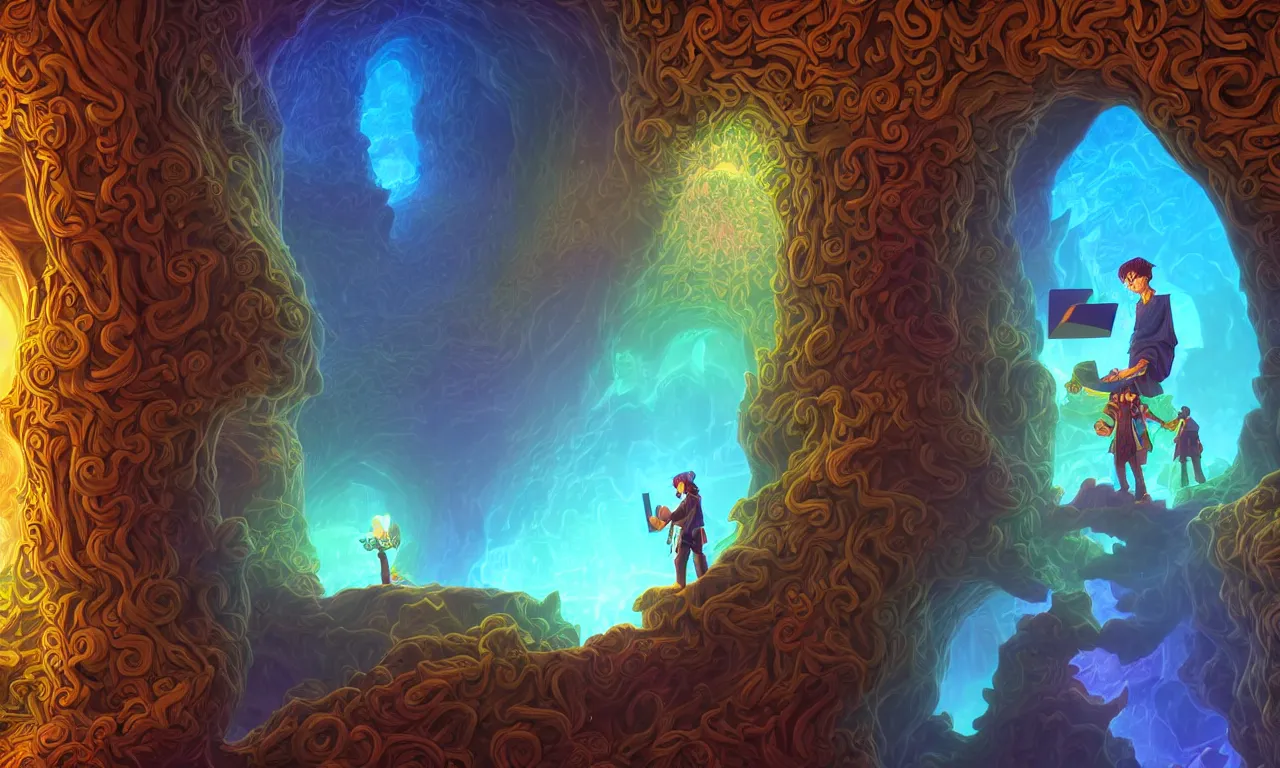 Image similar to large kerberos realm, wizard issues ticket close up, reading a directory, colorful ravine, 3 d art, digital illustration, perfect lighting