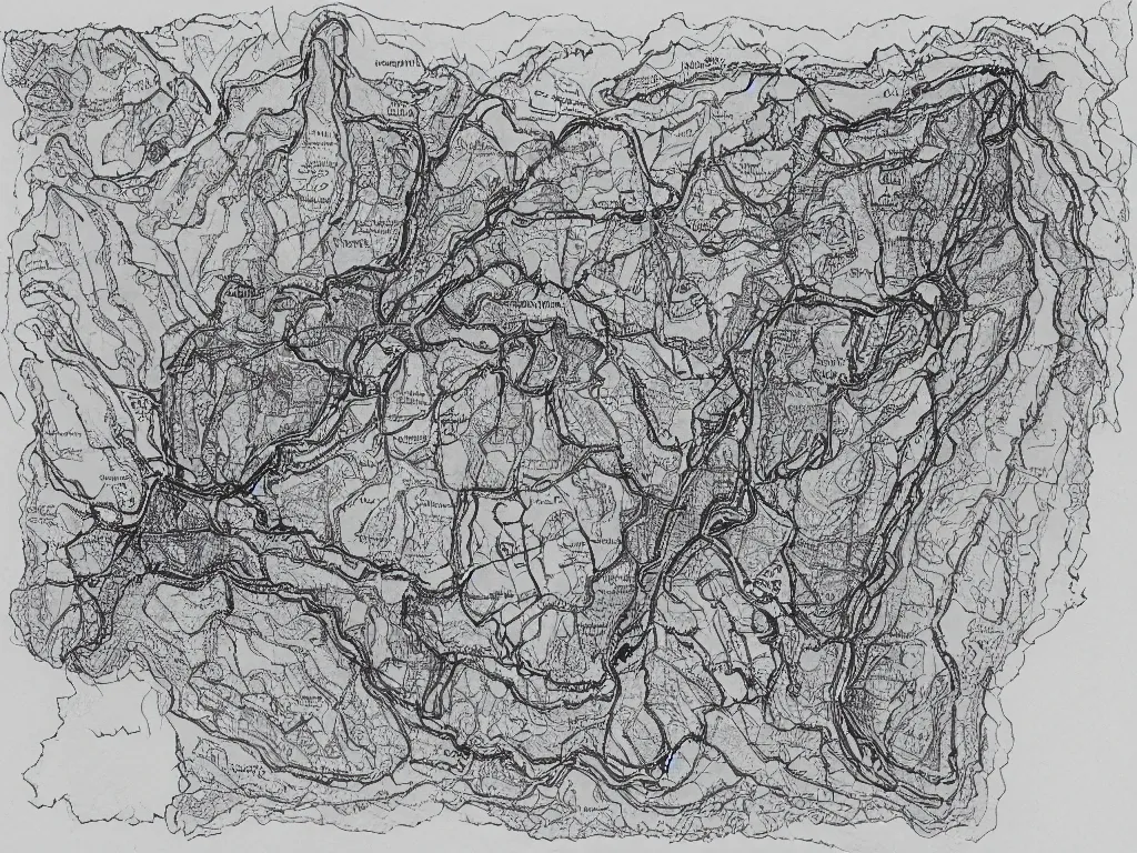 Prompt: Map of a cave system under South Carolina, Ink drawing by Deven Rue, fine point pen