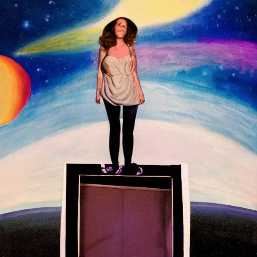 Prompt: A woman is inside a giant box that is painted to look like space. She is standing above a floating platform.