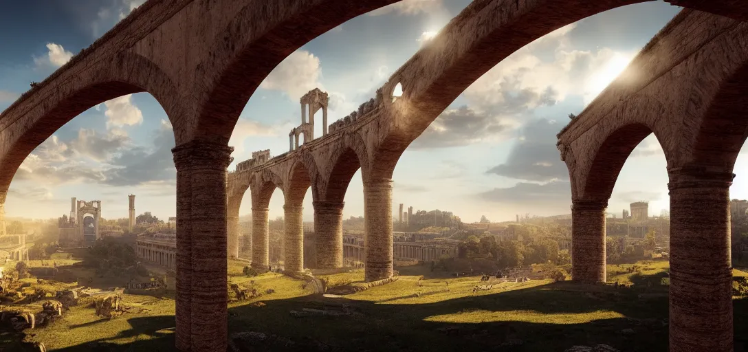 Image similar to epic view of giant roman aqueduct over beautiful italian city, unreal engine, dramatic lighting, detailed, ambient occlusion, global illumination, god rays, 3 d artstation render by greg rutowski and jessica rossier