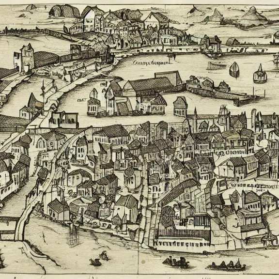 Prompt: medieval town with ports and road, map, technical drawing, intricate detailed schematic, diagram, manuscript