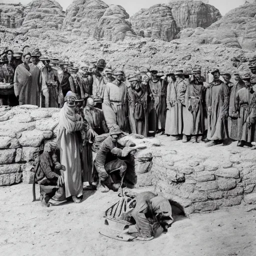 Image similar to ultra detailed photorealistic sepia - toned photo from 1 9 1 7, clean - shaven british soldiers standing with bedouin traders in traditional arab garb, at an archaeological dig site in wadi rum, ultra realistic, painted, intricate details, lovecraft, atmospheric, dark, horror, brooding, highly detailed, by clyde caldwell