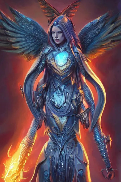 Prompt: half-Body portrait of Angel-Woman with full body armour, big wings, religious tattoos on her neck, art by Artgerm and Paul Andrew Jones, high Fantasy,D&D, aesthetic, sharp focus