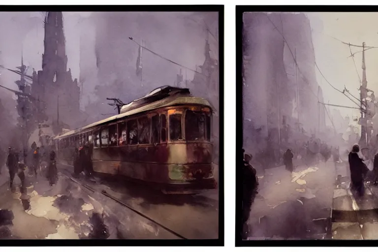 Image similar to small centered on watercolor paper, paint brush strokes, abstract watercolor painting of old man sitting on tram, poor and rugged, cinematic light, national romanticism by hans dahl, by jesper ejsing, by anders zorn, by greg rutkowski, by greg manchess, by tyler edlin