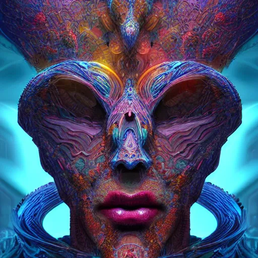 Prompt: Face of a Alien Deity, centered, corals, plume made of geometry, extremly detailed digital painting, sharp focus in the style of android jones, artwork of a futuristic artificial intelligence superstar with frames made of detailed circuits, mystical colors, rim light, beautiful lighting, 8k, stunning scene, raytracing, octane, under water visual distortion, dark tones colors, holographic feeling, trending on artstation