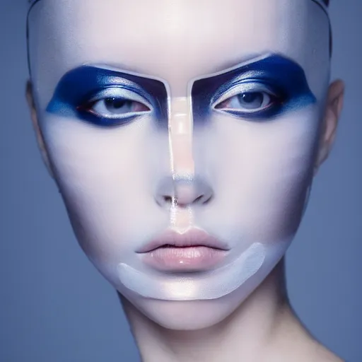 Image similar to high fashion photography of a model in neo futurism white sci - fi makup, transparent cloth, beautifully lit