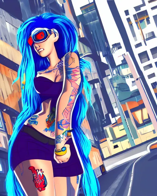 Image similar to cel shaded art of a pretty blue haired girl, jet grind radio graphics, cyberpunk city street background