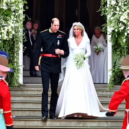 Prompt: detailed photos of the duke of cambridge prince william marrying american popstar britney spears, happy couple, official photos, wedding photo, royal wedding, photos trending on twitter, trending photo on instagram