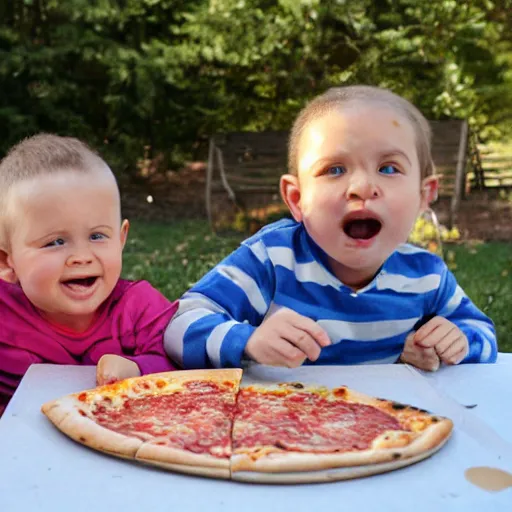 Image similar to gabriel and dresden eating pizza, outside park, sunny day, kids playing