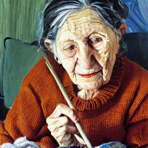 Prompt: Oil painting Portrait of a old Woman knitting by Lucian Freud, Abstract brush strokes, Masterpiece
