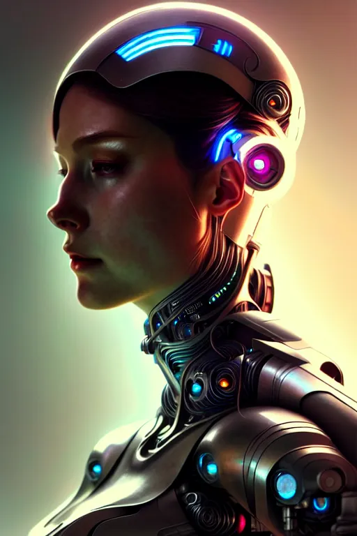 Image similar to portrait of ultra realistic, beautiful cyborg woman, metahuman, sci-fi, fantasy, cyberpunk, intricate, elegant, highly detailed, digital painting, octane render, artstation, concept art, smooth, sharp focus, eerie, illustration, art by artgerm and and alphonse mucha