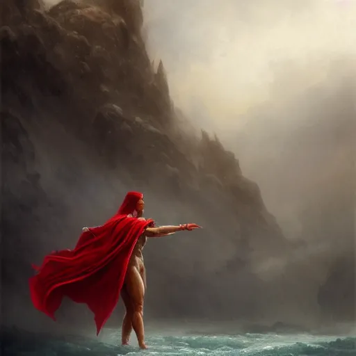 Image similar to cinematic shot epic portrait a spartan woman with a red cape on, muscular, goddess, wet hair flowing, sweaty skin, battlefield backround, broad light, ambient occlusion, volumetric light effect, made by ivan aivazovsky, peter mohrbacher, greg rutkowski, matte painting, trending on artstation, 4 k, perfectly defined features, digital painting,