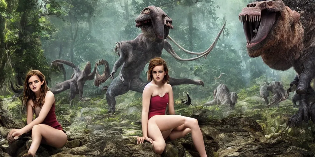 Image similar to photo, hairy fat cave people, emma!! watson!!, looking at camera, surrounded by dinosaurs!, gigantic forest trees, sitting on rocks, bright moon, birthday cake on the ground, front full body view, jelly! monster!