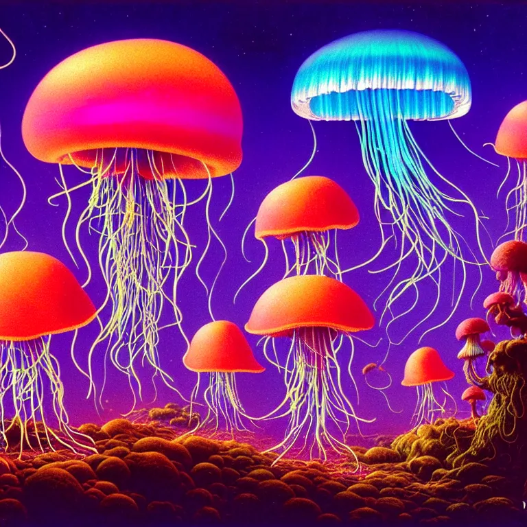 Prompt: mystical jellyfish and shimmering mushroom, volcano valley, bright neon colors, highly detailed, cinematic, tim white, michael whelan, roger dean, bob eggleton, philippe druillet, vladimir kush, kubrick, haeckel, alfred kelsner