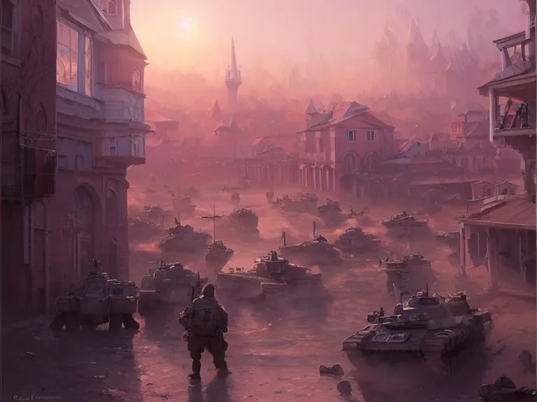 Prompt: a city of syzran!!!, militaristic!!!, romantic!!!, hyperrealistic, highly detailed, cinematic, pink sunlight, beautiful, cgssociety, artstation, 8 k, oil painting by greg rutkowski, by artgerm, by wlop