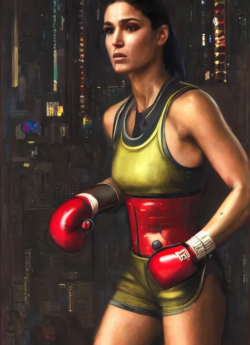 Prompt: buff cyberpunk olympic boxer with robotic arms and cybernetic eyepiece wearing a jumpsuit ( blade runner 2 0 4 9, cyberpunk 2 0 7 7 ). orientalist portrait by john william waterhouse and james gurney and theodore ralli and nasreddine dinet, oil on canvas. cinematic, hyper realism, realistic proportions, dramatic lighting, high detail 4 k