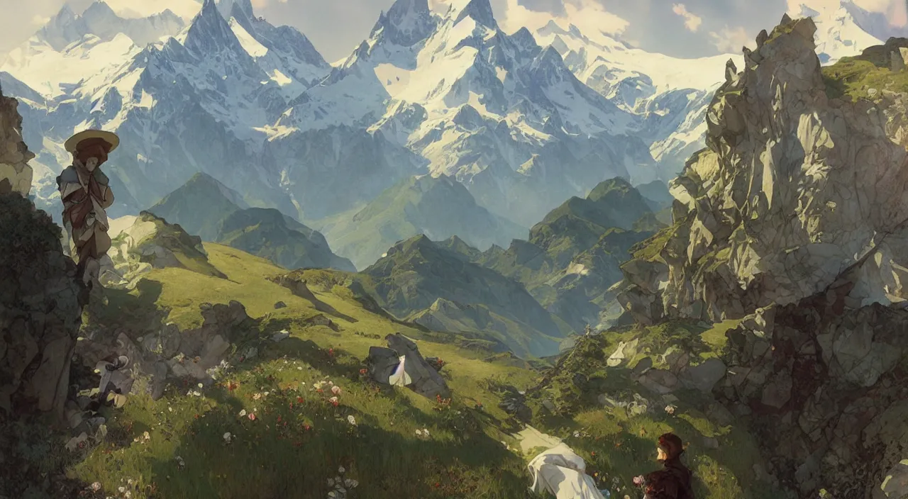 Image similar to A beautiful landscape painting of the swiss alps by Alfons Maria Mucha and Julie Dillon and Makoto Shinkai