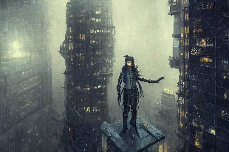 Prompt: stunningly ominous, steampunk ninja in a skyscraper at night in the rain, smooth, focus, highly detailed, hyper realistic, dramatic lighting, intricate, concept art, skyline, looking down, art by wlop, mars ravelo, greg rutowski, artstation