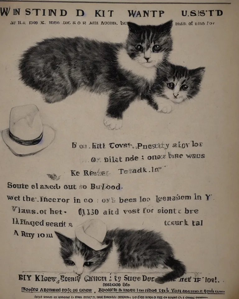 Prompt: 1880s wanted poster Wanted $1000 Reward kitten in a cowboy hat Billy the Kit