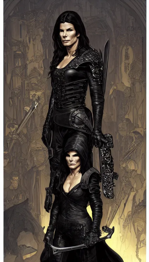 Image similar to portrait of sandra bullock as a thief wearing black leather armor and wielding a dagger in a dark alleyway, fantasy, intricate, elegant, highly detailed, digital painting, artstation, concept art, matte, sharp focus, illustration, art by travis charest and alphonse mucha