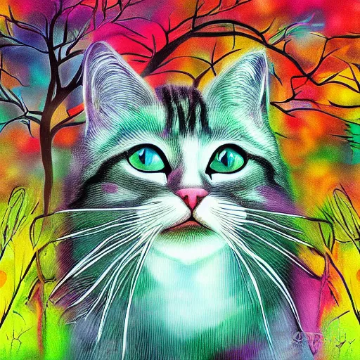 Prompt: digital painting peaceful spiritual cat wondering about life, green forest and roots in the background, colorful, vibrant,