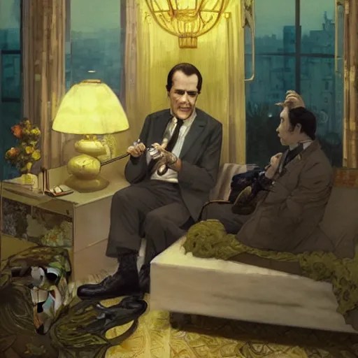 Image similar to Richard Nixon smoking weed in a hotel room with Bob Dylan, yellow theme, by krenz cushart and mucha and yoneyama mai and greg rutkowski