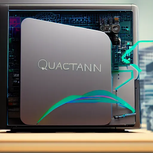 Image similar to realistic photo of a quantum desktop computer in the 2088,8k ultra realistic details technical details