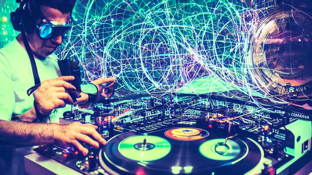 Image similar to a person wearing goggles and visor and headphones using a retro record player contraption, wires and tubes, turntablism dj scratching, intricate planetary gears, cinematic, imax, sharp focus, leds, bokeh, iridescent, black light, fog machine, hazy, lasers, hyper color digital art