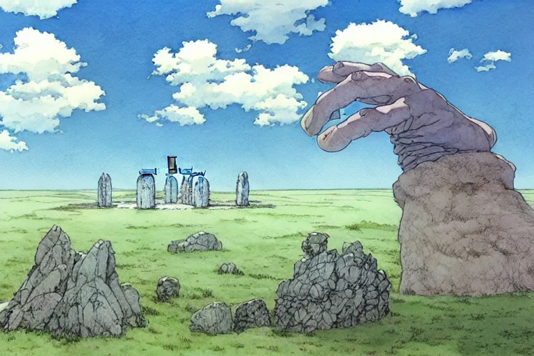 Image similar to a hyperrealist studio ghibli watercolor fantasy concept art. in the foreground is a giant hand coming down from the sky holding a stone. in the background is stonehenge. by rebecca guay, michael kaluta, charles vess