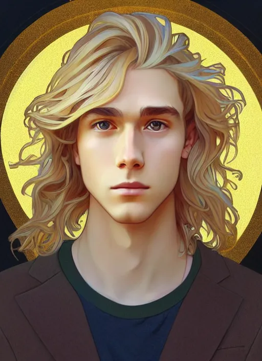 Image similar to pretty young man with shoulder length shiny shimmering golden blond hair, path traced, highly detailed, high quality, digital painting, by studio ghibli and alphonse mucha, leesha hannigan, disney