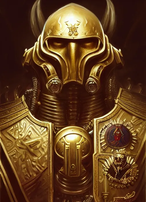 Image similar to putin as warhammer 4 0 k emperor, gold, portrait, intricate, elegant, highly detailed, digital painting, artstation, concept art, wallpaper, smooth, sharp focus, illustration, art by h. r. giger and artgerm and greg rutkowski and alphonse mucha