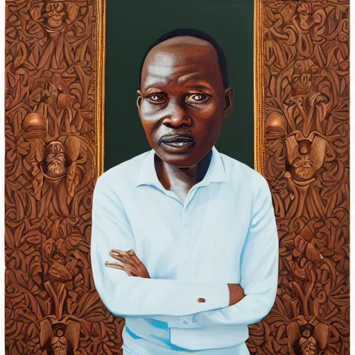 Image similar to a painting of a wide forehead, round face, XXL , smirky, fatherly, loving, caring, generous, ever-present, humble, wise elder from Kenya in a suit by Kehinde Wiley . Fatherly/daddy, focused, loving, leader, relaxed,. ethereal lights, details, smooth, sharp focus, illustration, realistic, cinematic, artstation, award winning, rgb , unreal engine, octane render, cinematic light, macro, depth of field, blur, red light and clouds from the back, highly detailed epic cinematic concept art CG render made in Maya, Blender and Photoshop, octane render, excellent composition, dynamic dramatic cinematic lighting, aesthetic, very inspirational, arthouse.