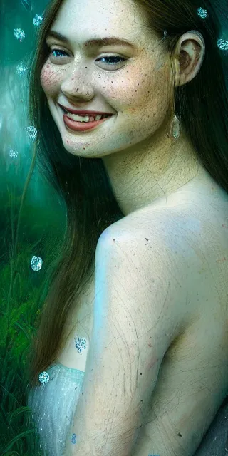 Prompt: young woman, serene smile, surrounded by firefly lights, full covering intricate detailed dress, amidst nature, long red hair, precise linework, accurate green eyes, small nose with freckles, beautiful smooth oval shape face, empathic, expressive emotions, dramatic lights, hyper realistic ultrafine art by artemisia gentileschi, jessica rossier, boris vallejo