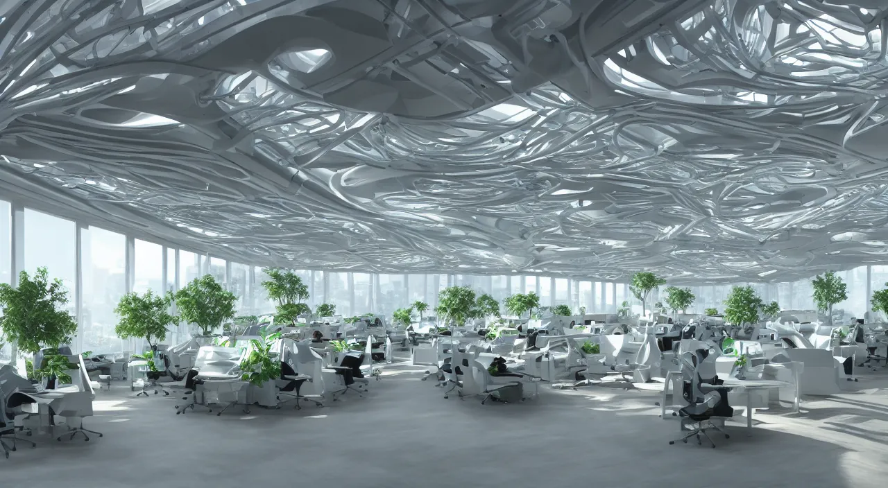 Prompt: futuristic open office with parks and plants, glowing computer screens, made with glossy white plastic and wood, large windows and voluminous light and light rays, extremely intricate, very detailed, in style of zaha hadid, artstation, octane render, cinematic lighting